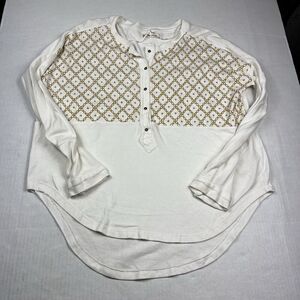 We The Free People Embroidered Shirt Ivory Henley Long Sleeve Loose Fit Top XS